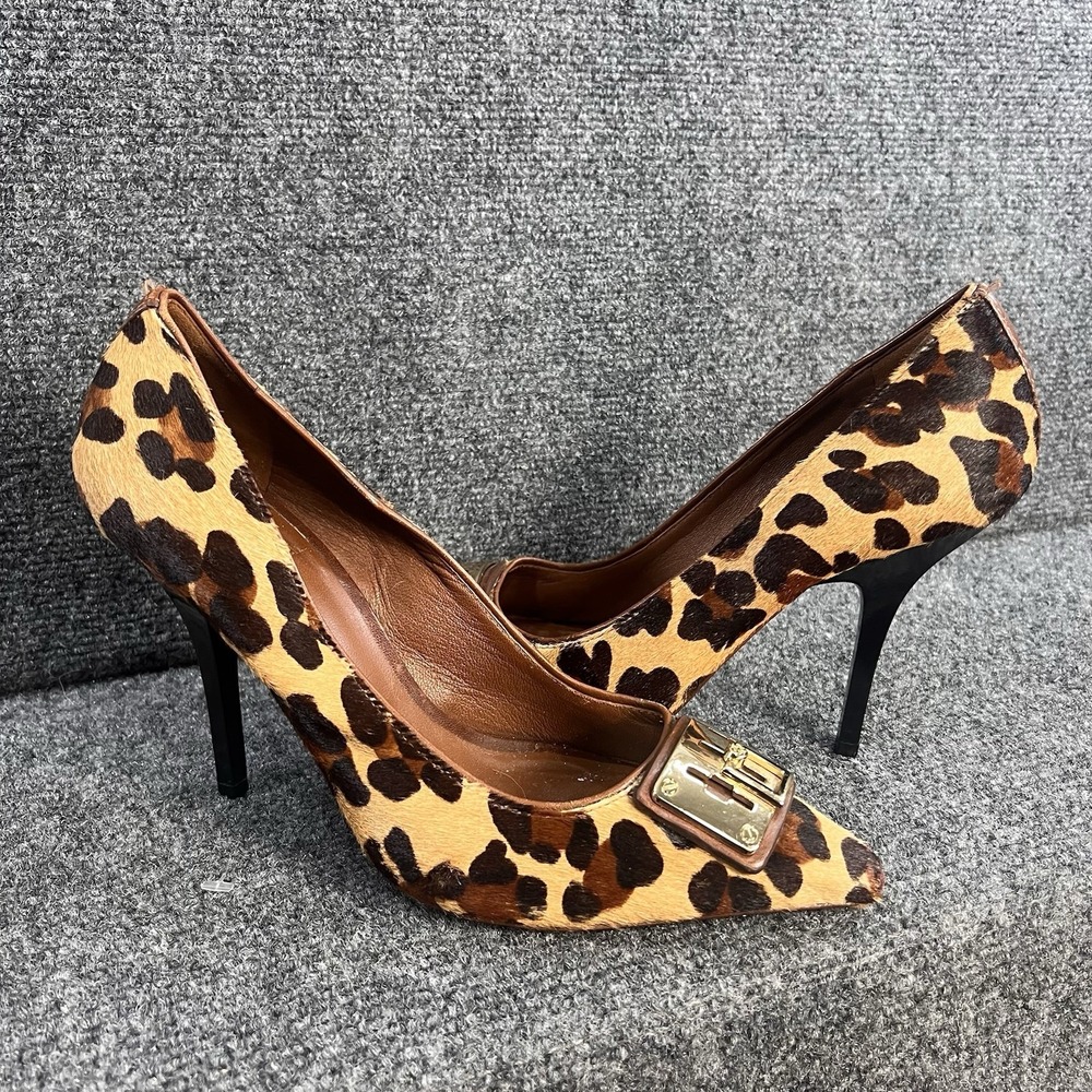 Tory Burch Designer Celina Leopard Animal Shoes Heels Pump Calf Hair 9 Leather